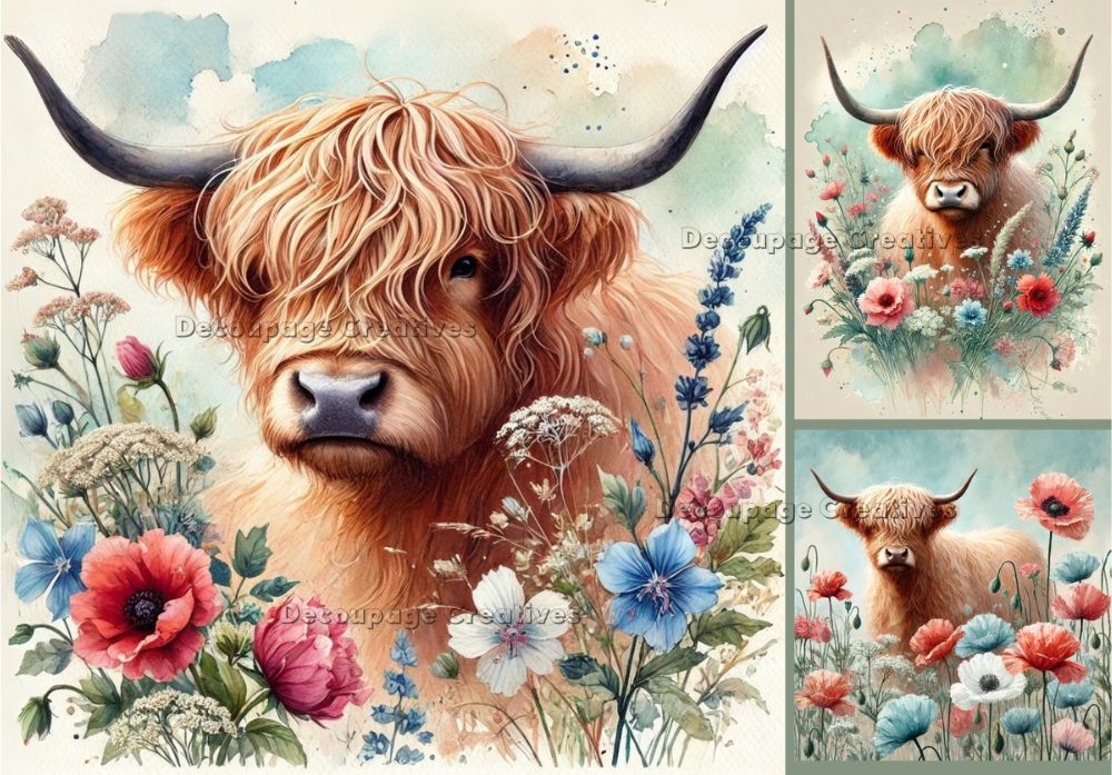 3 images of brown highland cow amid red white and blue flowers decoupage rice papers from decoupage creatives