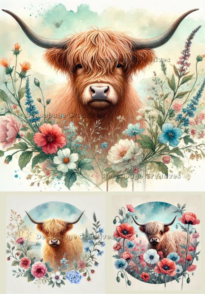 3 images of highland cows in field of red and blue flowers on blue watercolor background decoupage rice papers from decoupage creatives