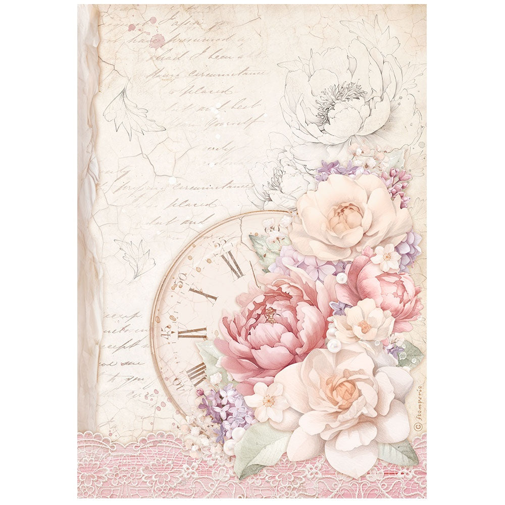 Vintage clock with peach and pink florals. Stamperia high-quality European Decoupage Paper.