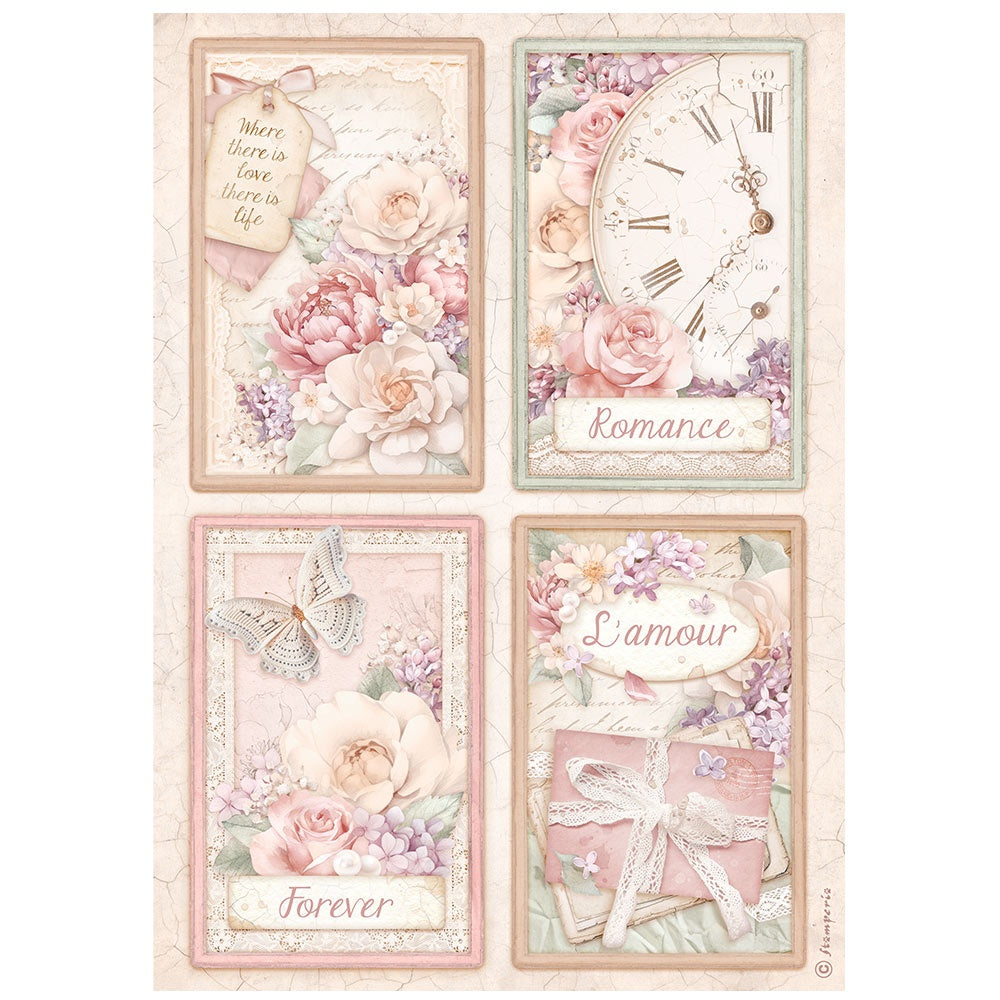 Four patterns with peach and pink florals. with butterflies and lace. Stamperia high-quality European Decoupage Paper.