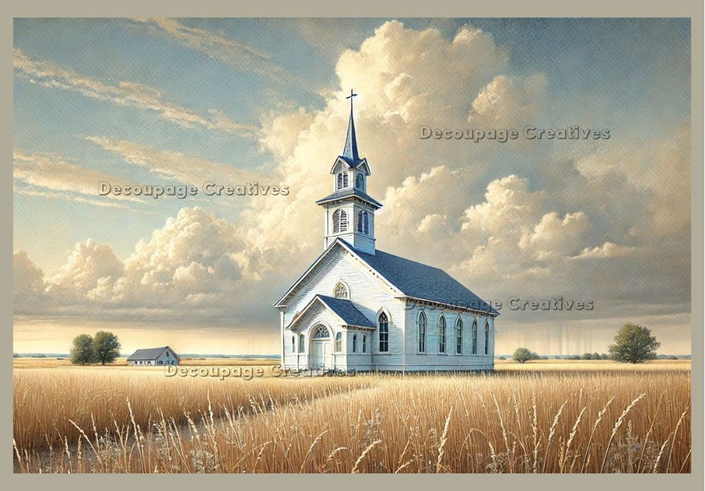 White church in field of wheat with blue sky and white puffy clouds decoupage rice papers from decoupage creatives