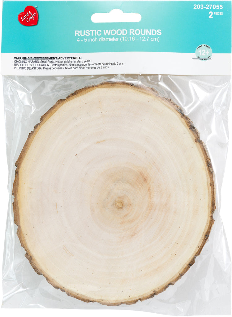 Package of 2 rustic wood rounds, 4-5 inches in diameter, for crafting projects