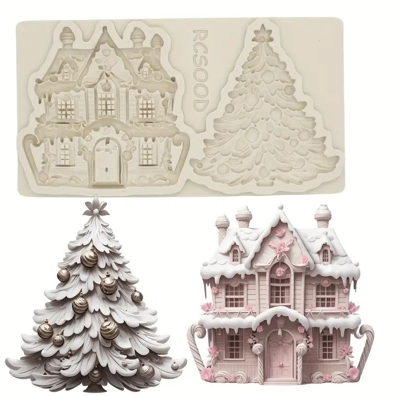 Silicone Craft Accent Mold. Christmas tree with star and ornaments and Gingerbread house with snow