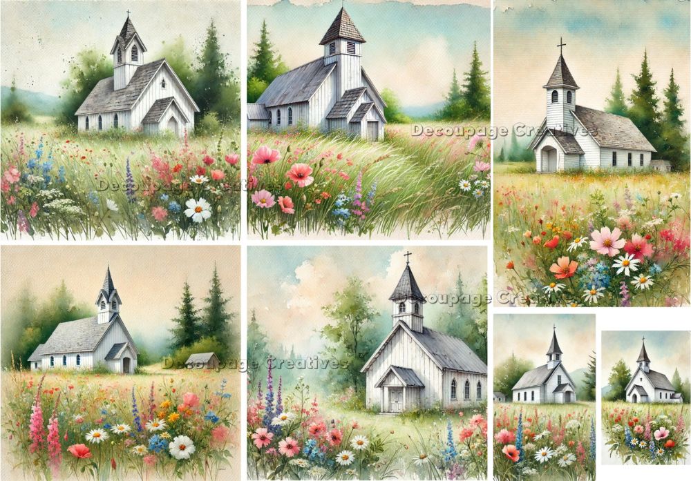 Multi-scenes of white church in field of multi-colored flowers with green pine trees and blue sky decoupage rice papers from decoupage creatives