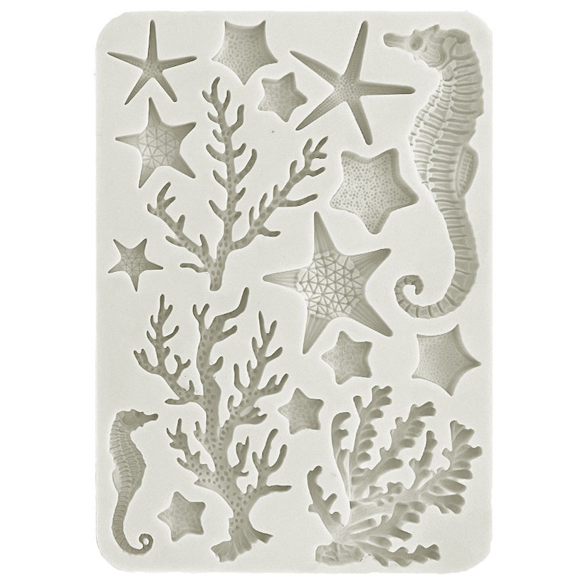 Grey colored silicone mold with sea coral, starfish and seahorse patterns.