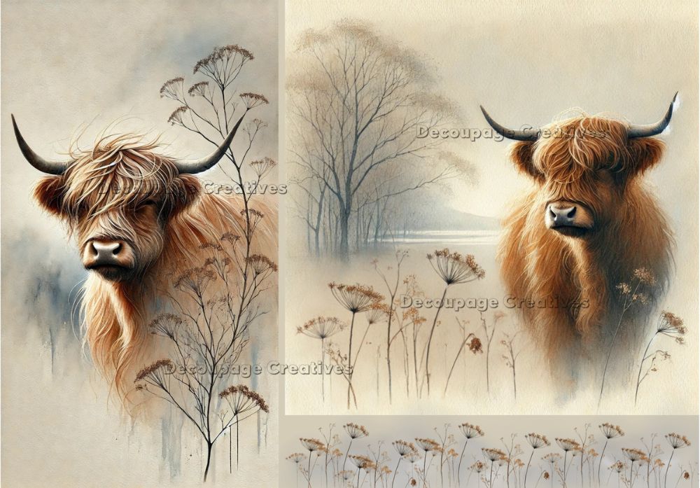 Two highland cows standing in misty field decoupage rice papers from decoupage creatives