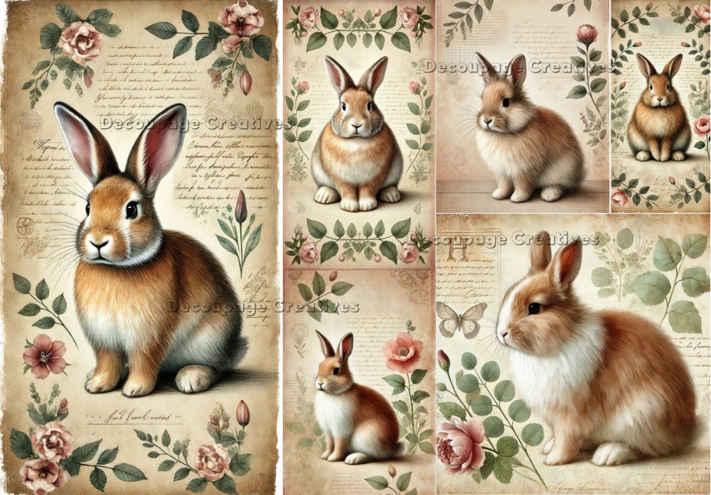 brown and white bunnies with pink flowers and script background decoupage rice papers from decoupage creatives