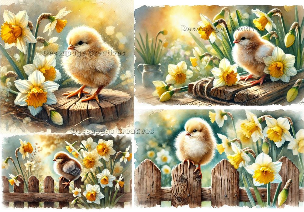 4 scenes of fluffy yellow chicks standing on fence next to white and yellow daffodils decoupage rice papers from decoupage creatives