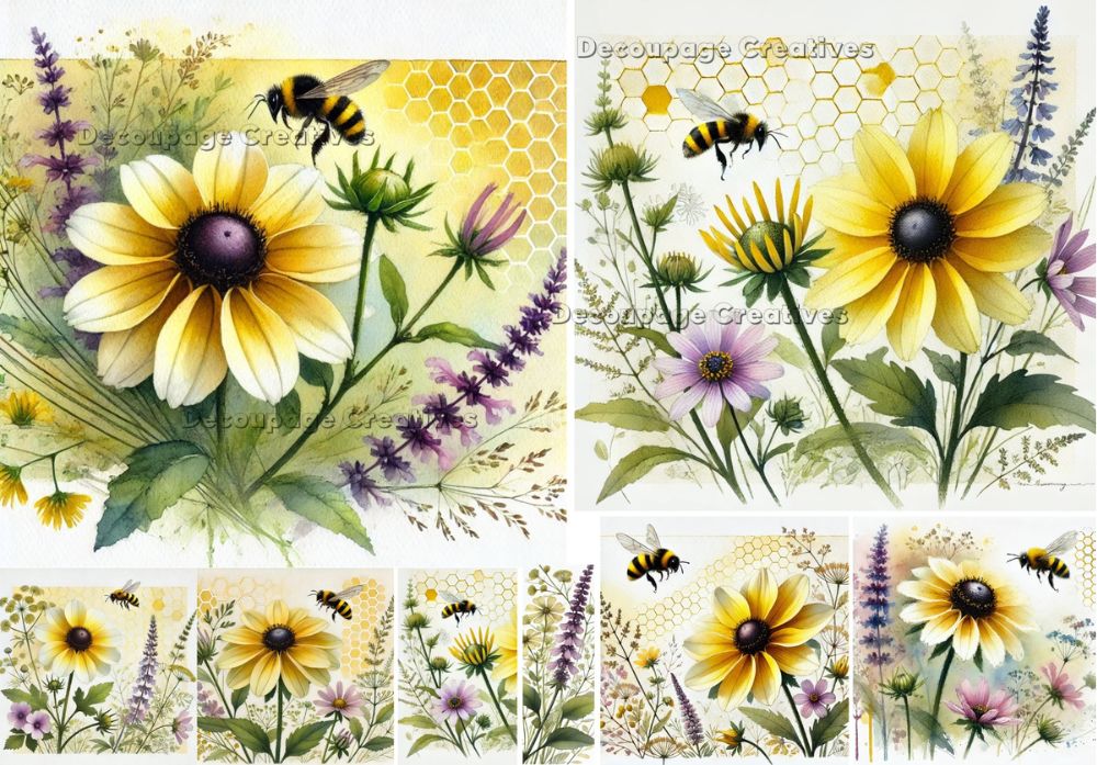 multi-scenes of yellow and purple flowers with bees and honeycomb background decoupage rice papers from decoupage creatives