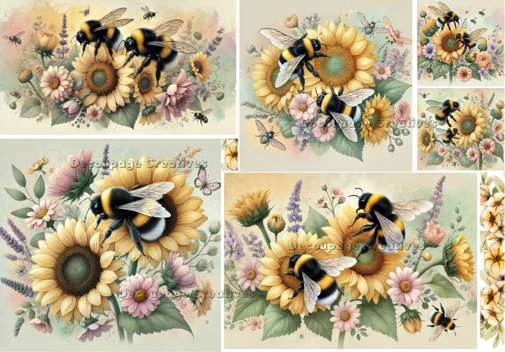 Black and yellow bumblebees on yellow sunflowers with pink and purple flowers decoupage rice papers from decoupage creatives