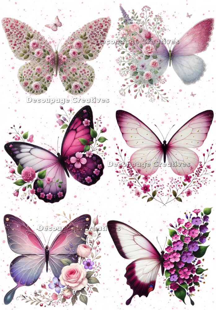 Six pink and purple butterflies with wings made of flowers decoupage rice papers from decoupage creatives