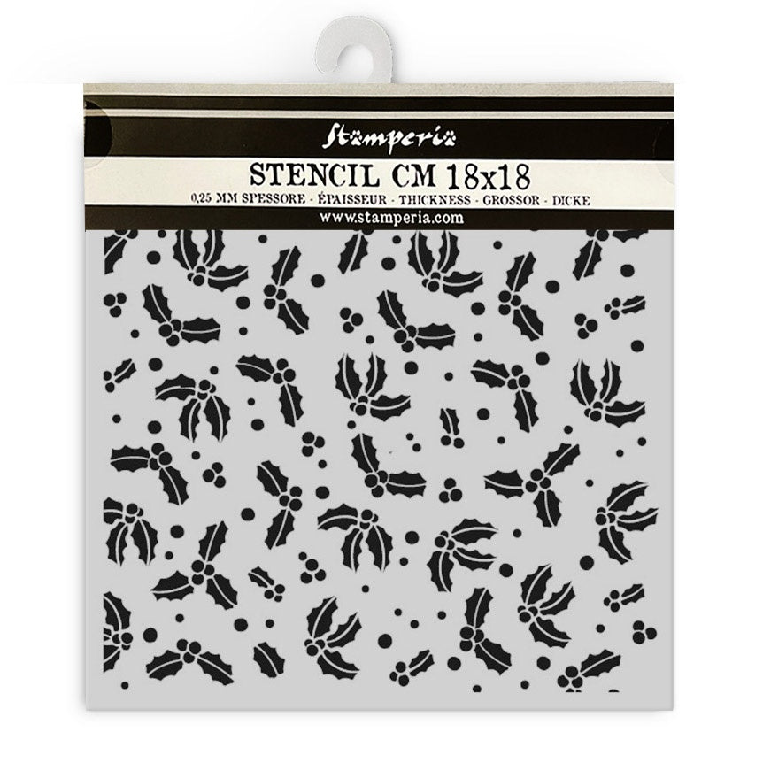Stamperia stencil with holly design on a white background