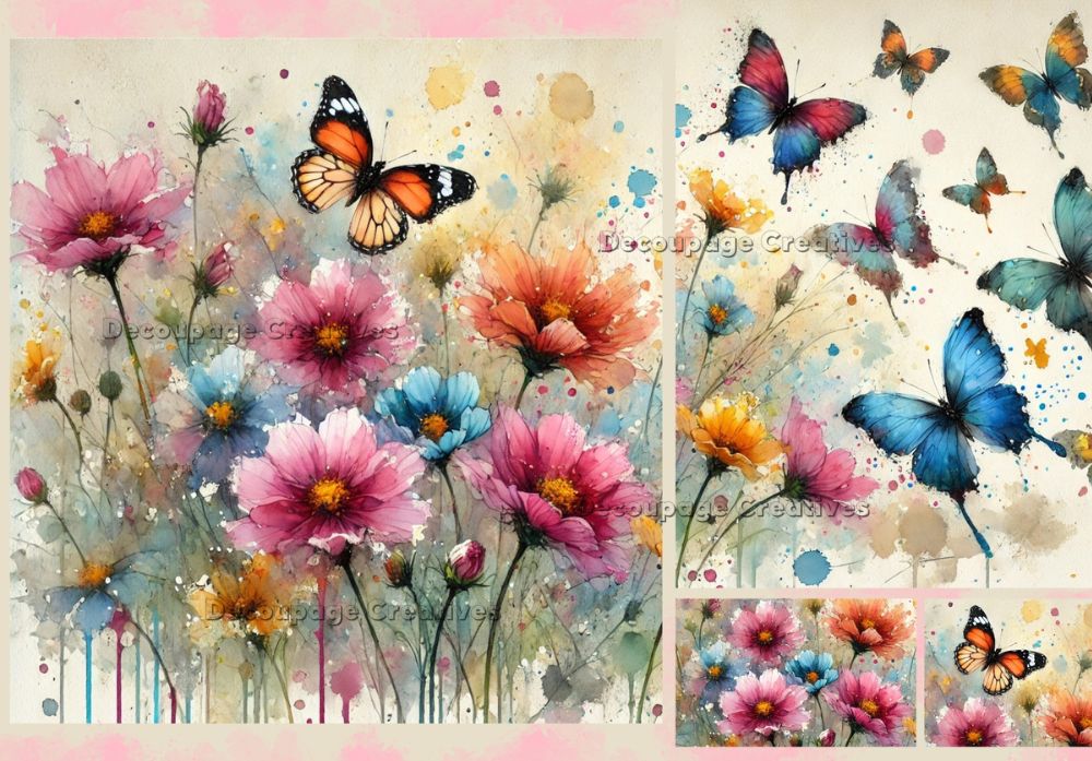 Multicolor butterflies with pink blue and orange watercolor flowers decoupage rice papers from decoupage creatives