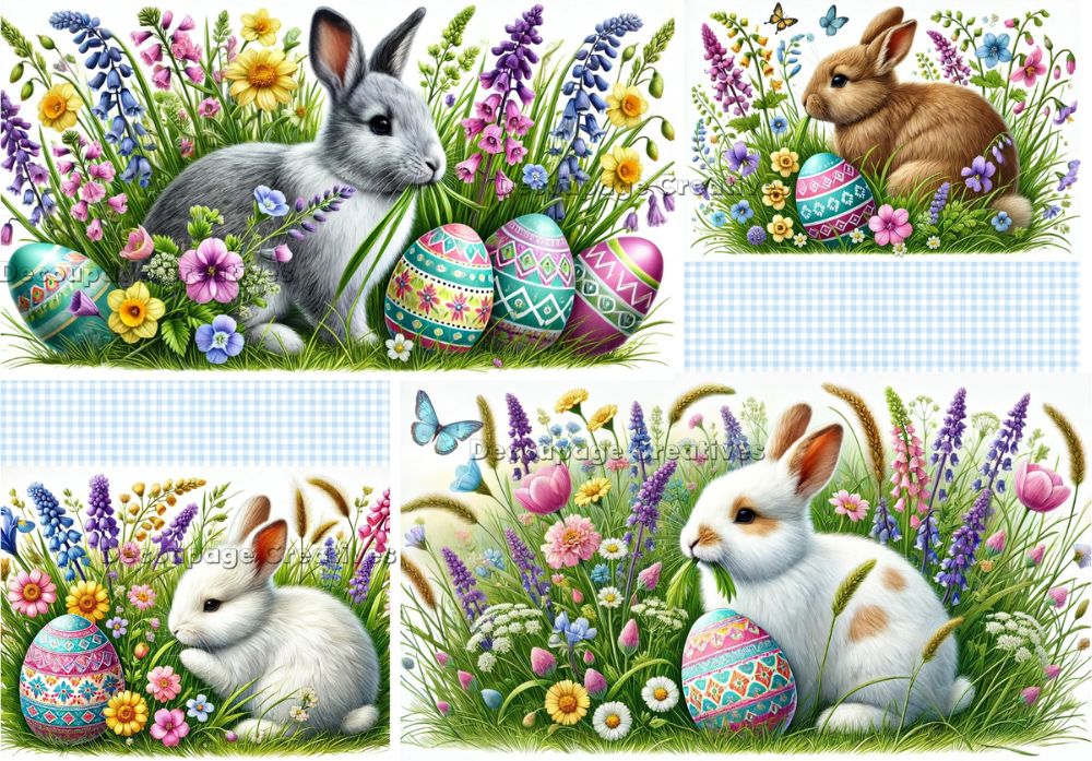 4 images of grey brown white and white and brown bunnies in grass with multicolor flowers and Easter eggs decoupage rice papers from decoupage creatives