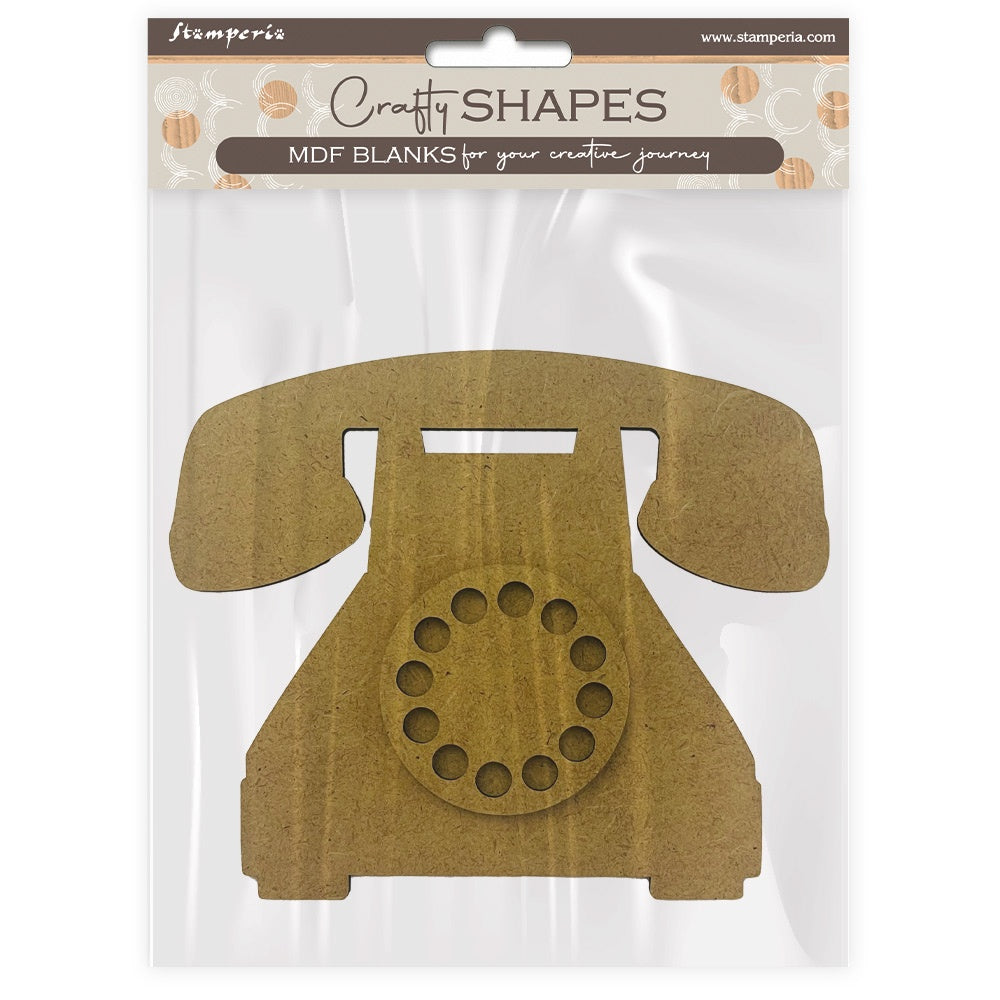 MDF blank shaped like a vintage telephone in packaging with 'Craft Shapes' branding.