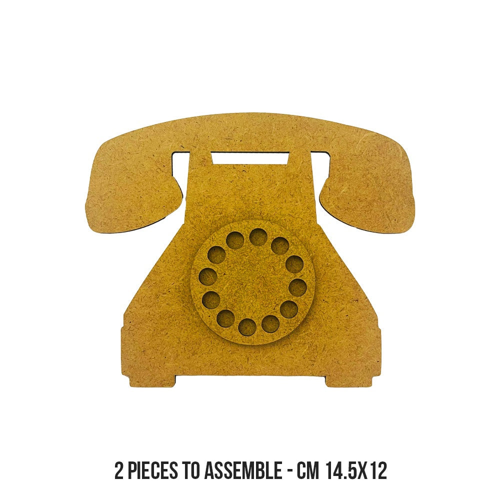 Yellow telephone-shaped MDF wood with a rotary dial on a white background