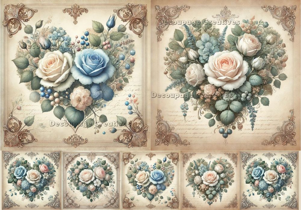 Hearts made of blue and white roses with greenery on framed script background decoupage rice papers from decoupage creatives