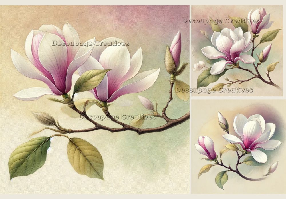 3 images of white and pink magnolia buds and blossoms decoupage rice papers from decoupage creatives