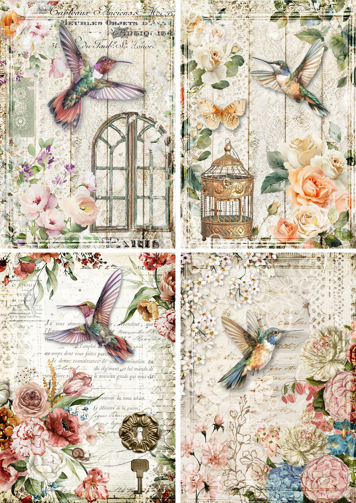 4 Scenes Blue White Pink Hummingbirds and Floral Textured Rice Paper by Decoupage Queen