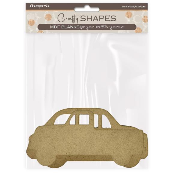Car-shaped MDF blank in packaging with 'Craft Shapes' branding.
