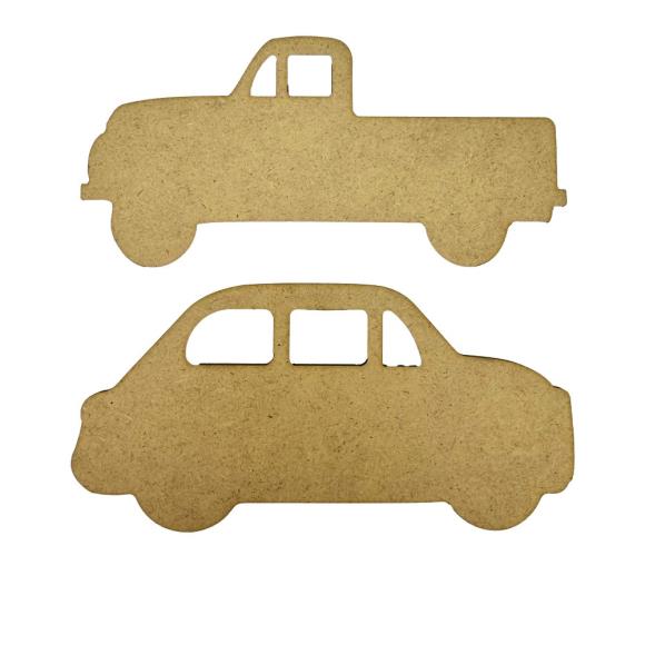Two MDF wood cutouts of cars on a white background