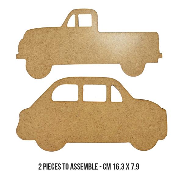 Two MDF wood car shapes on a white background with text indicating they are two pieces to assemble.