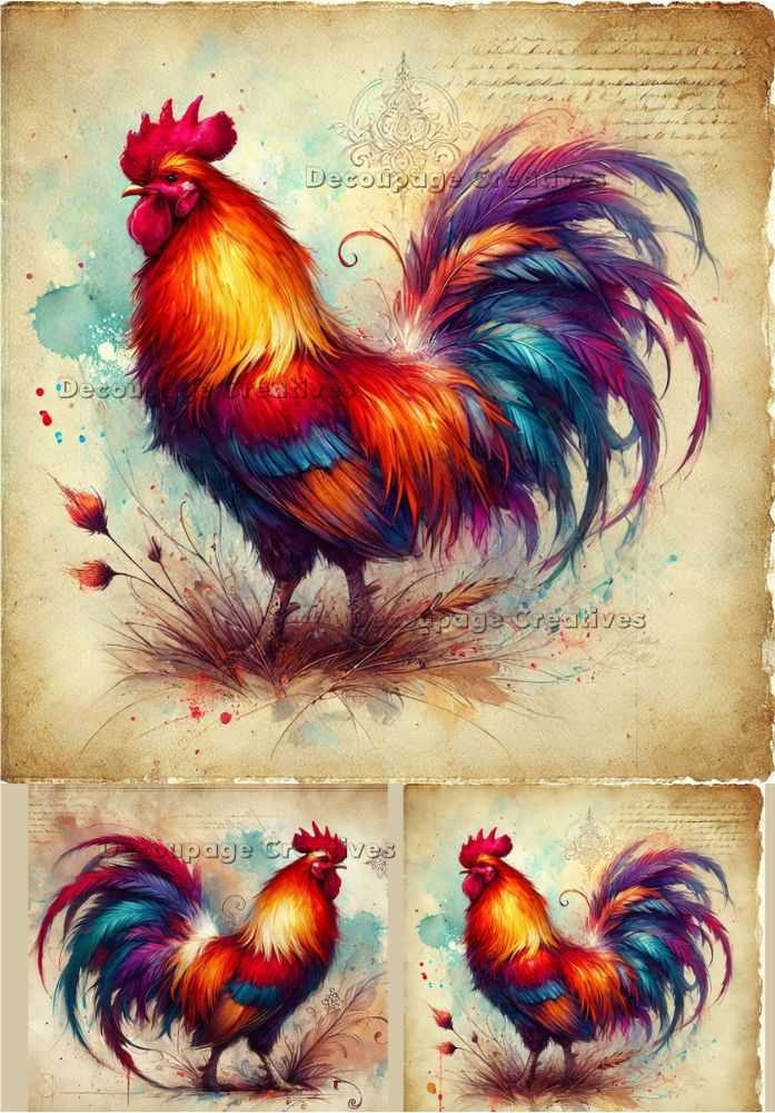 3 brightly colored orange blue and purple feathered roosters decoupage rice papers from decoupage creatives