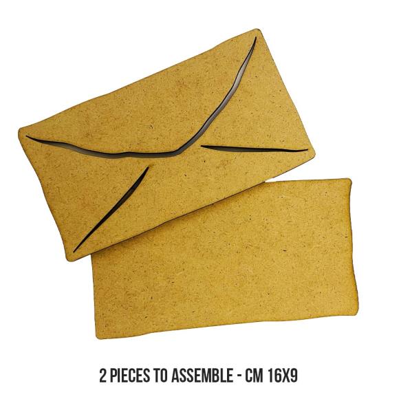 Two yellow MDF wood envelopes on a white background with text indicating assembly and size.