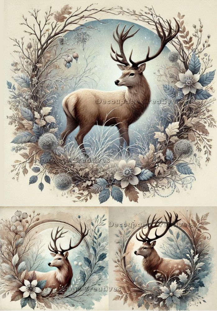 3 images of stag surrounded by wreath of blue and white flowers decoupage rice papers from decoupage creatives