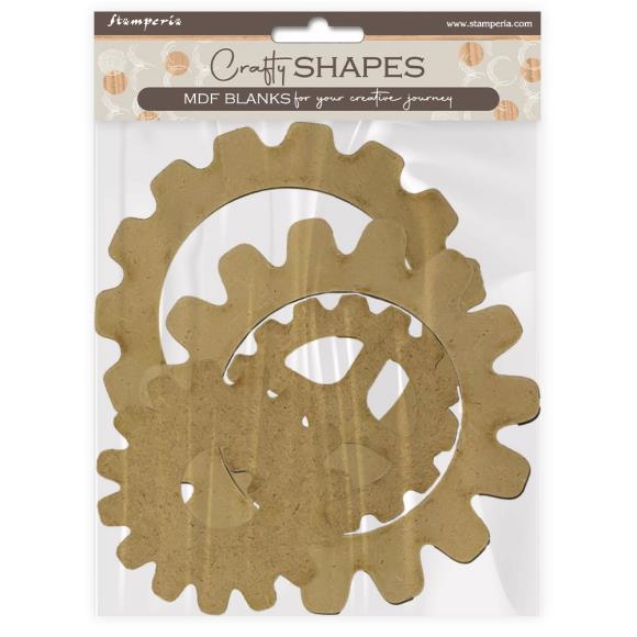 Two gear-shaped MDF blanks on a clear background with 'Craft Shapes' branding.