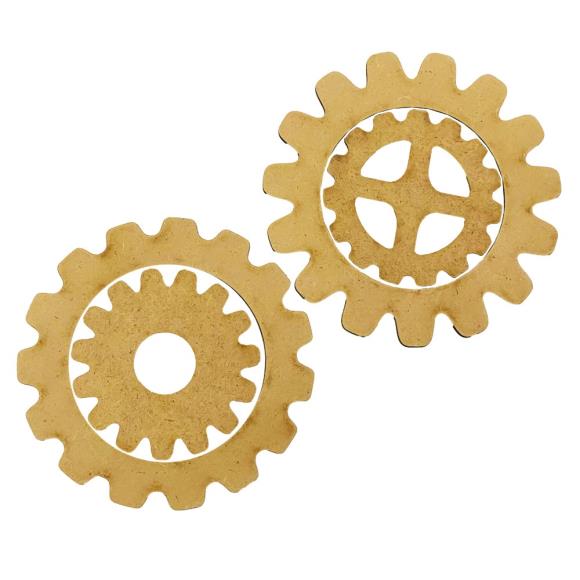 Two MDF wood gold gears on a white background