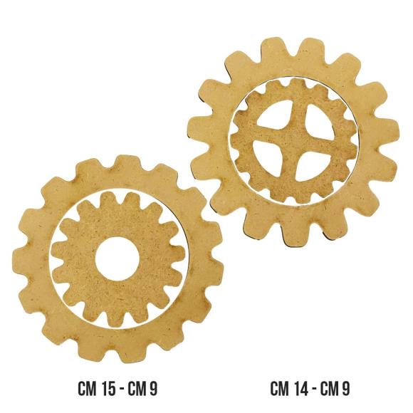 Two MDF wood  gears with measurements on a white background