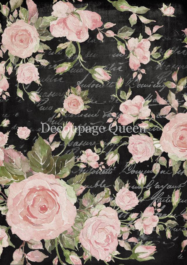 Pink Roses on Black background Textured Rice Paper by Decoupage Queen