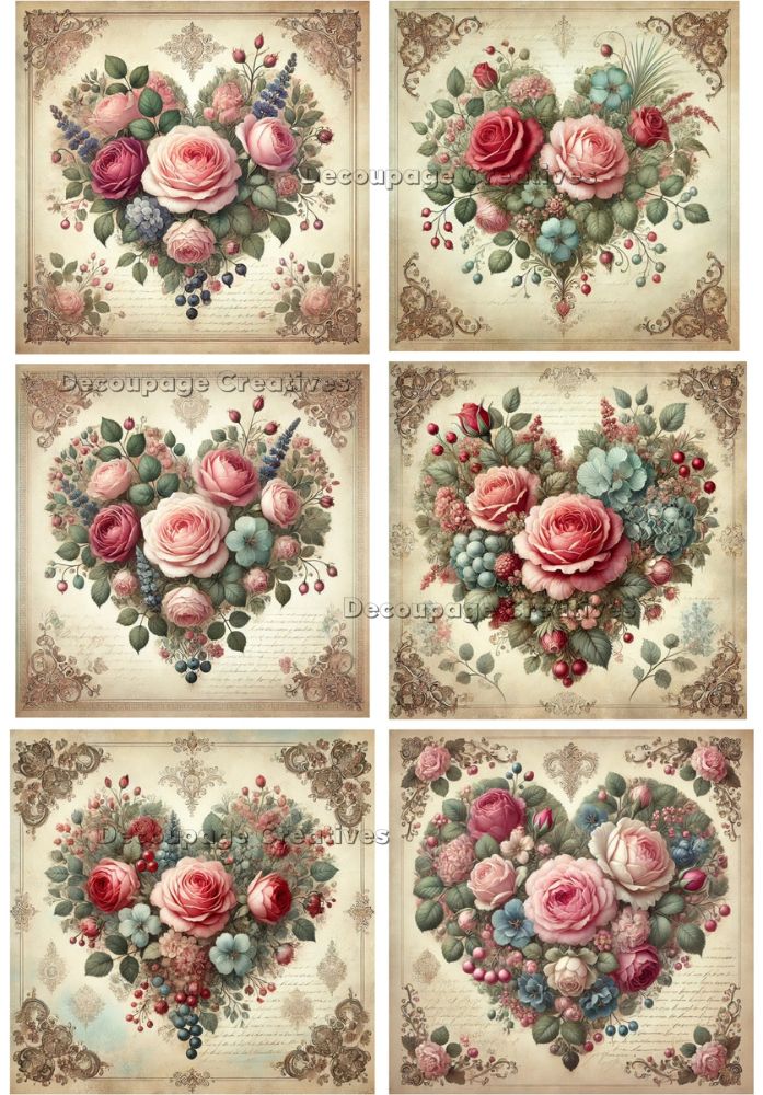  6 images of hearts made up of pink and blue flowers on sepia script background decoupage rice papers from decoupage creatives