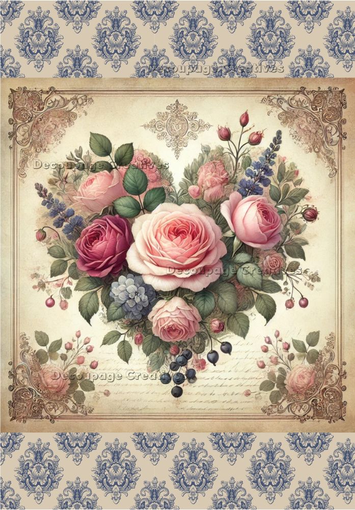 Heart made of pink roses and blue flowers with greenery on framed background with blue flourishes decoupage rice papers from decoupage creatives