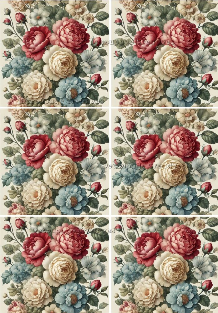 6 images of pink white and blue flowers with greenery decoupage rice papers from decoupage creatives