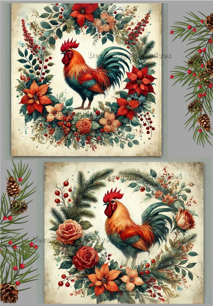 2 brightly colored red orange and blue roosters framed by wreaths of poinsettias and red flowers and evergreen branches decoupage rice papers from decoupage creatives