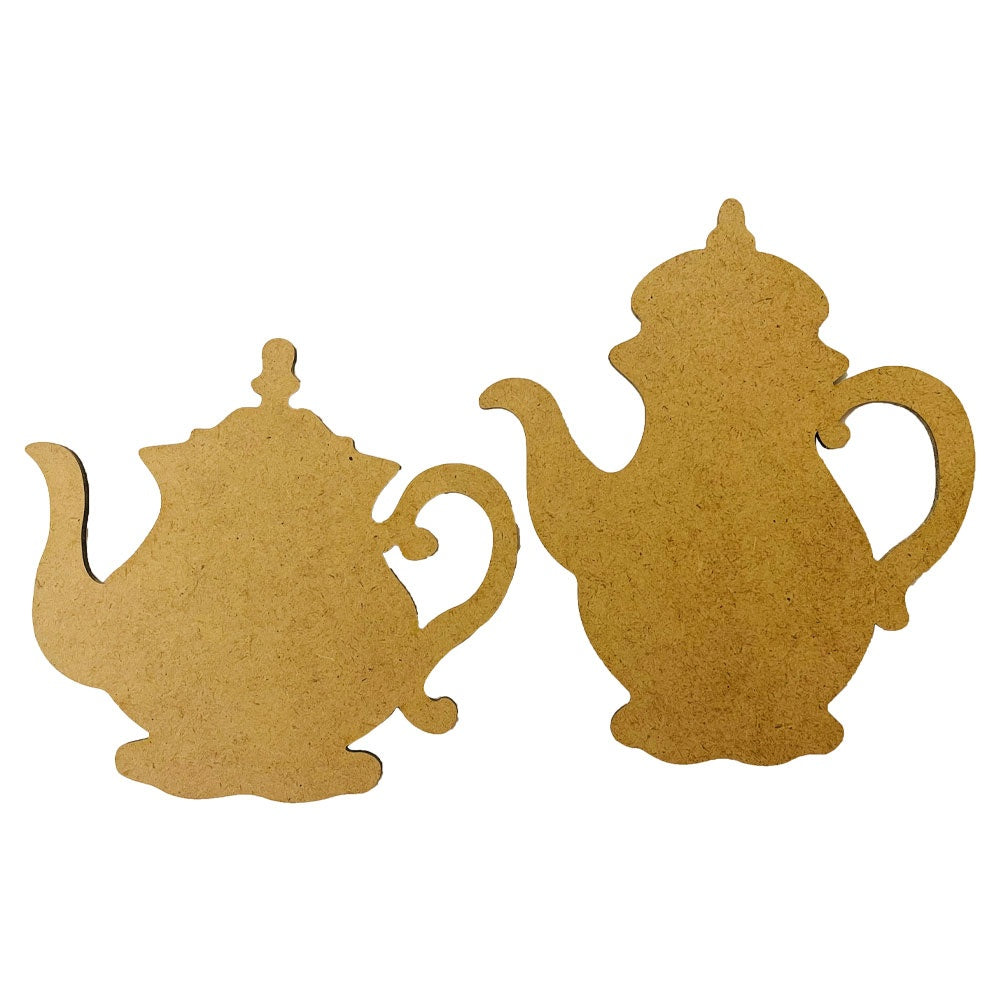 Two MDF wood  cutouts of teapots on a white background