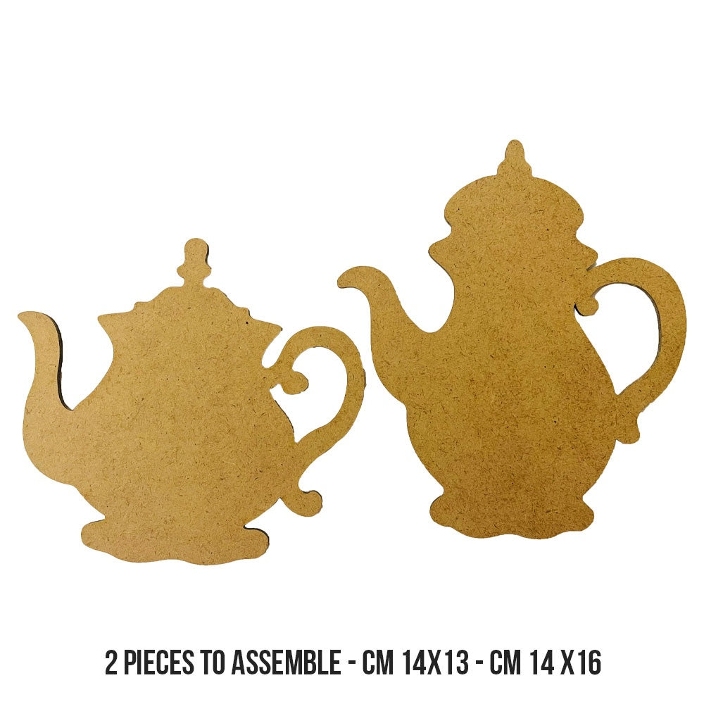 Two MDF wood  teapot shapes on a white background with text indicating size and assembly requirement.