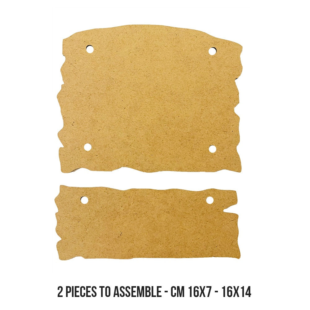 Two brown MDF wood  pieces with pre-cut holes on a white background