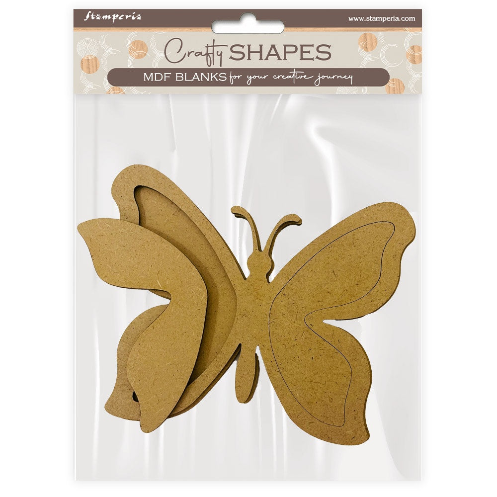 Butterfly-shaped MDF blank in packaging with 'Craft Shapes' branding.