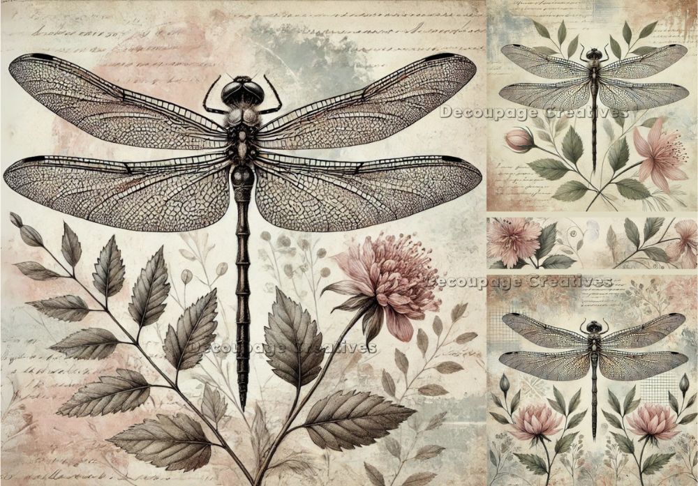 Three images of dragonflies with pink flowers on script background decoupage rice papers from decoupage creatives