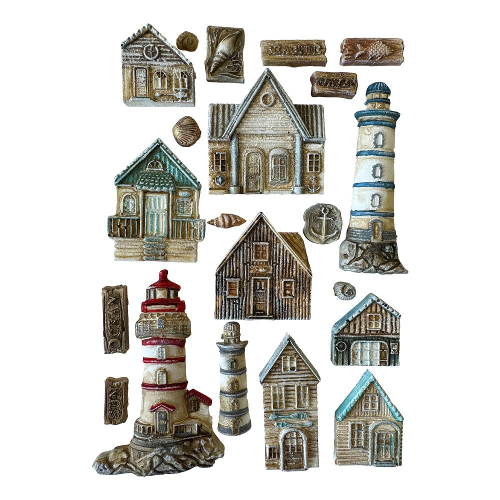 Gray Stamperia silicone mold with houses and lighthouses with shells 