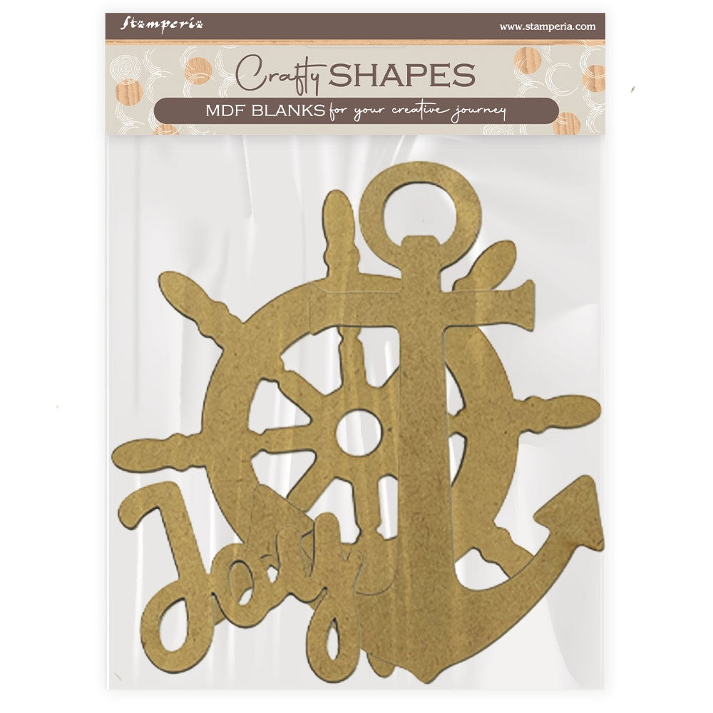 MDF anchor and wheel shapes in packaging with 'Craft Shapes' branding.