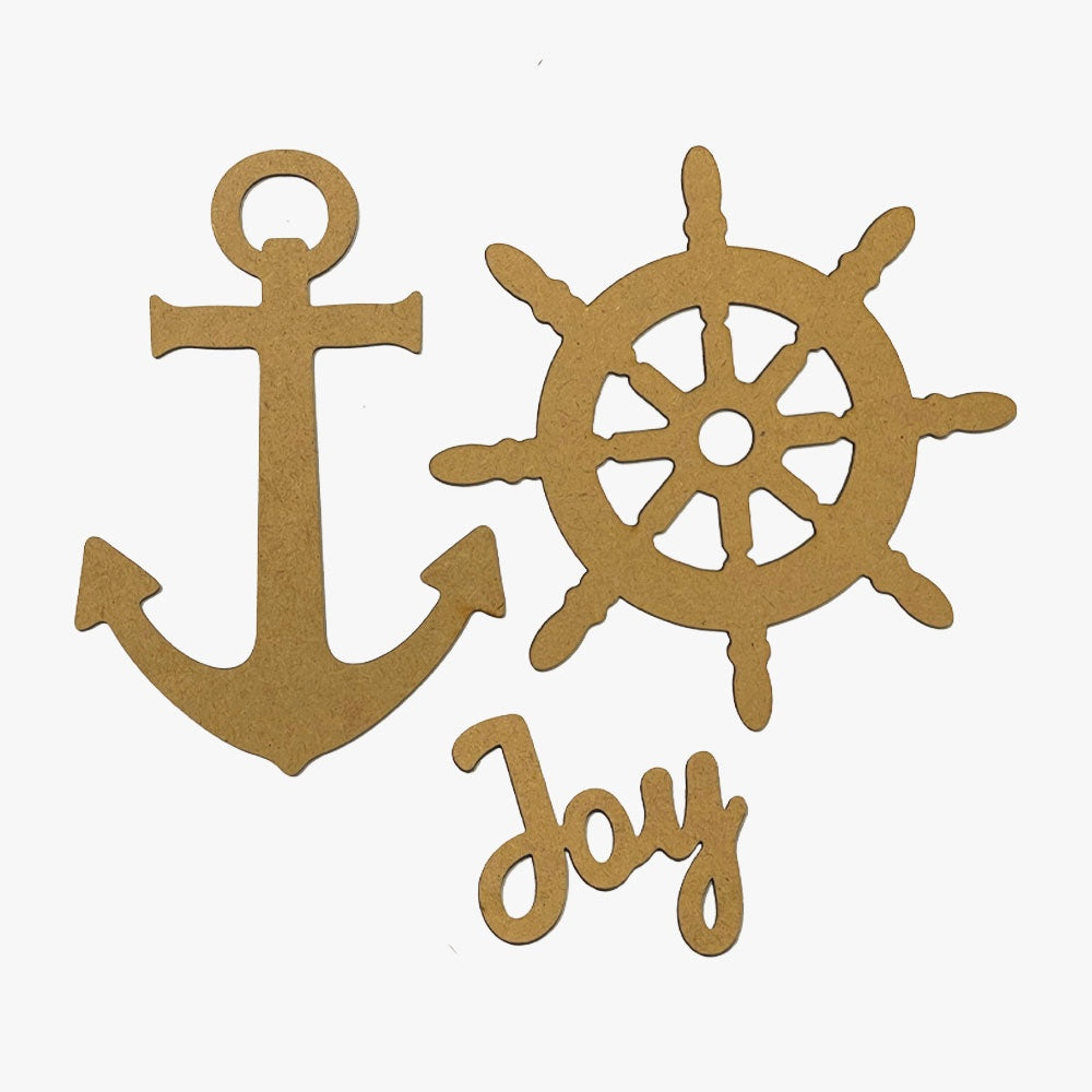 Nautical-themed MDF wood  decorative pieces including an anchor, a wheel, and the word 'Joy' on a white background.