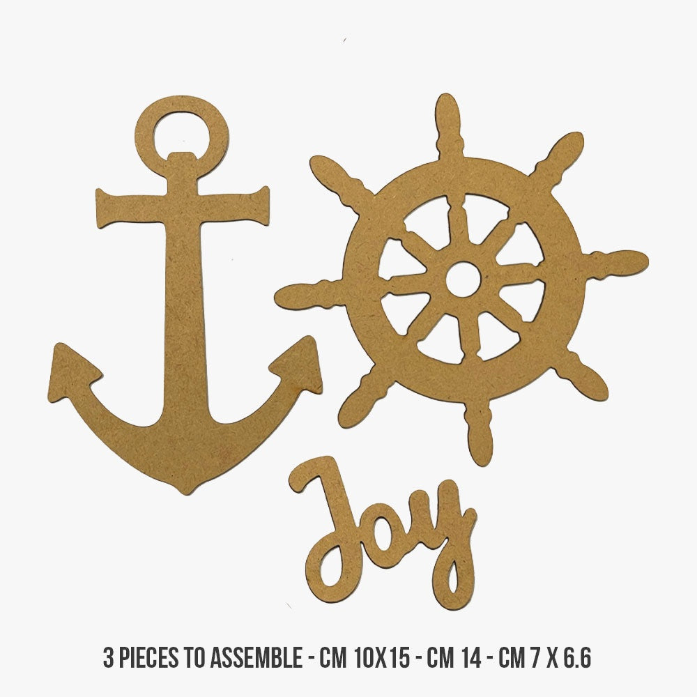 Nautical-themed cutouts including an anchor, a wheel, and the word 'Joy' on a white background.