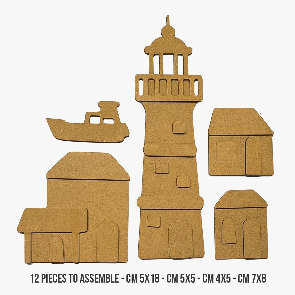 MDF wood  pieces of a lighthouse and boats on a white background