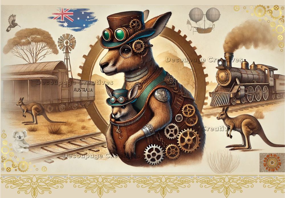 Steampunk kangaroo and joey wearing top hats with train 
Australian flag decoupage rice papers from decoupage creatives