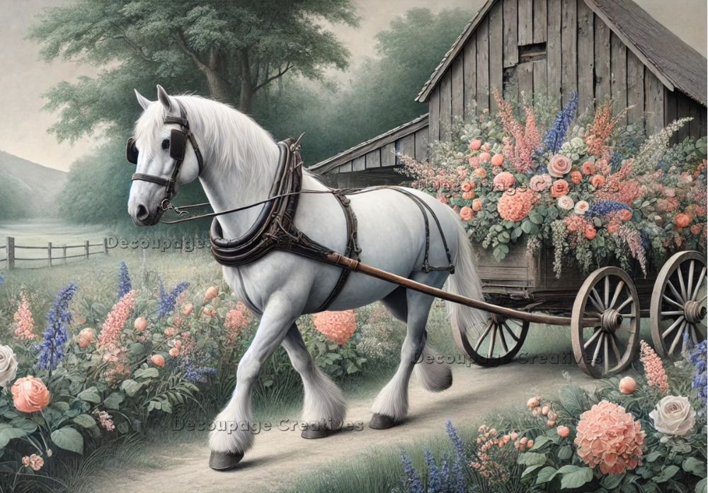 White horse pulling cart of pink white and blue flowers in front of wooden barn and trees decoupage rice papers from decoupage creatives