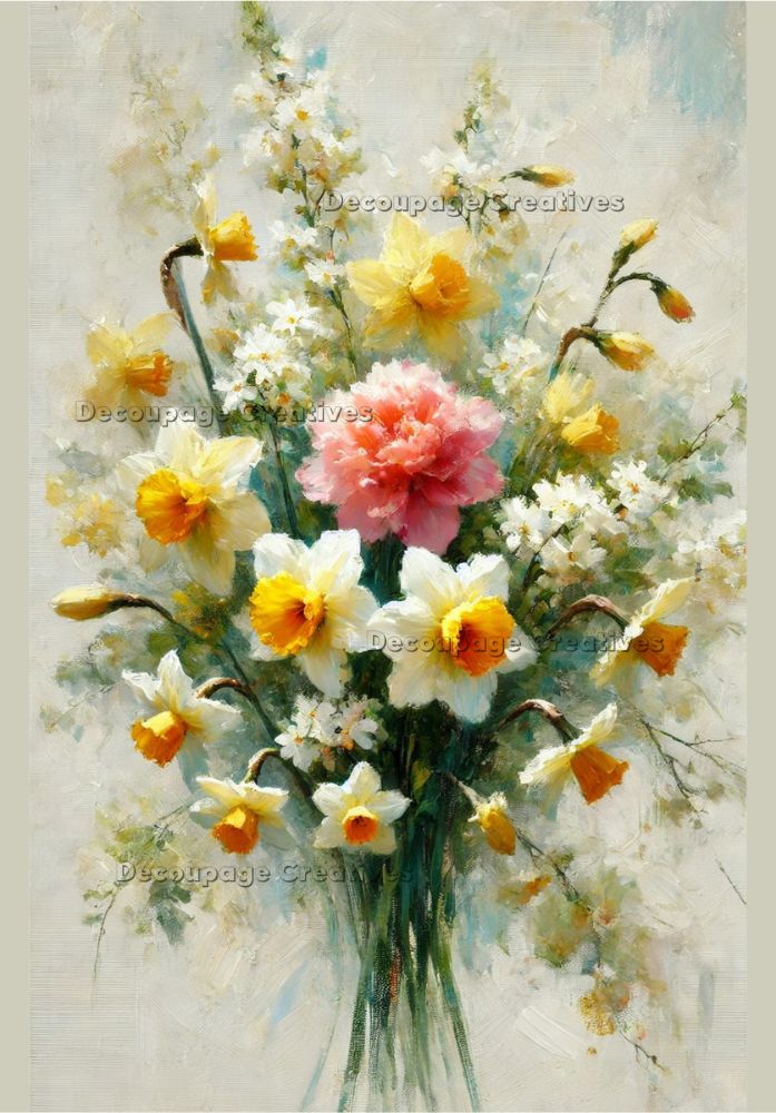 Bouquet of pink and white flowers and white and yellow Daffodils decoupage rice papers from decoupage creatives